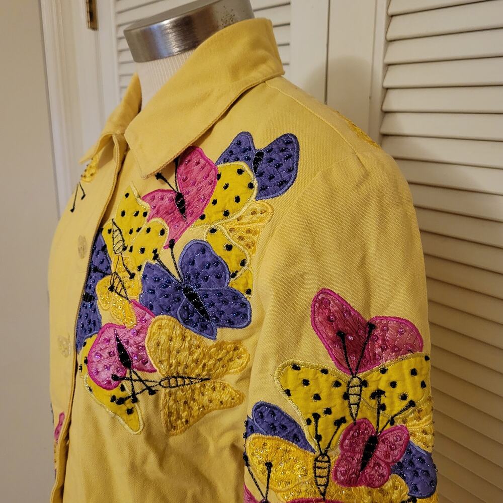 Vintage Embroidered Butterfly Cotton Jacket Anage Yellow Artistic M 36 19x17.5 - Picture 2 of 9